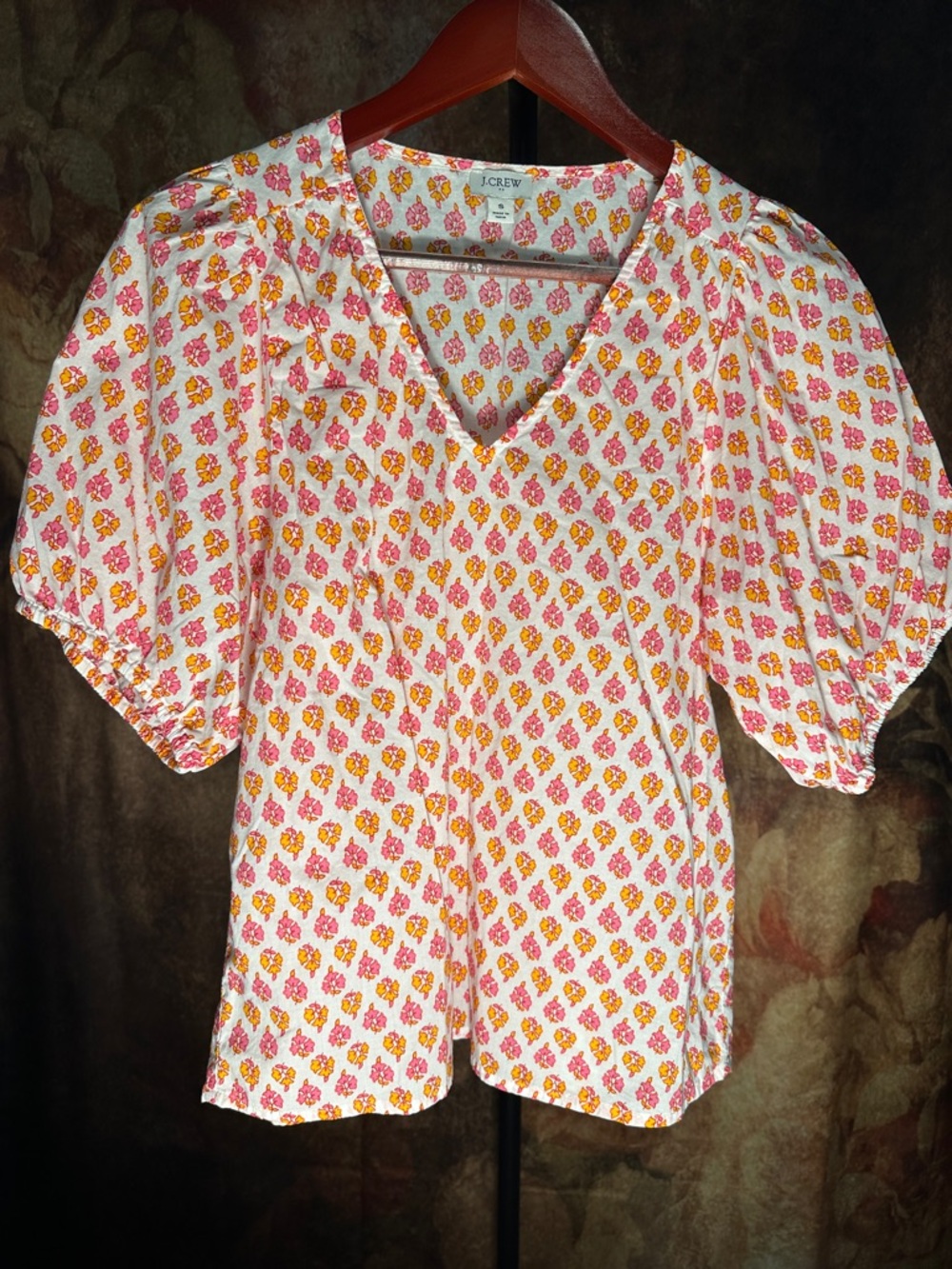 J. Crew Women's Pink & Yellow Floral V-Neck Puff Sleeve Top